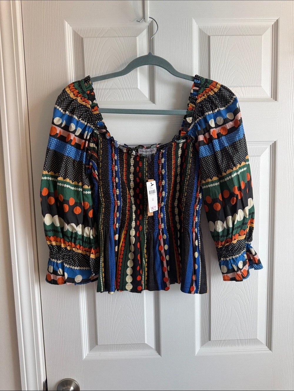 Anthropologie Multicolor Peasant Blouse - Blue, Green & Black